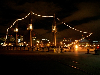 the USS Constitution after sunset